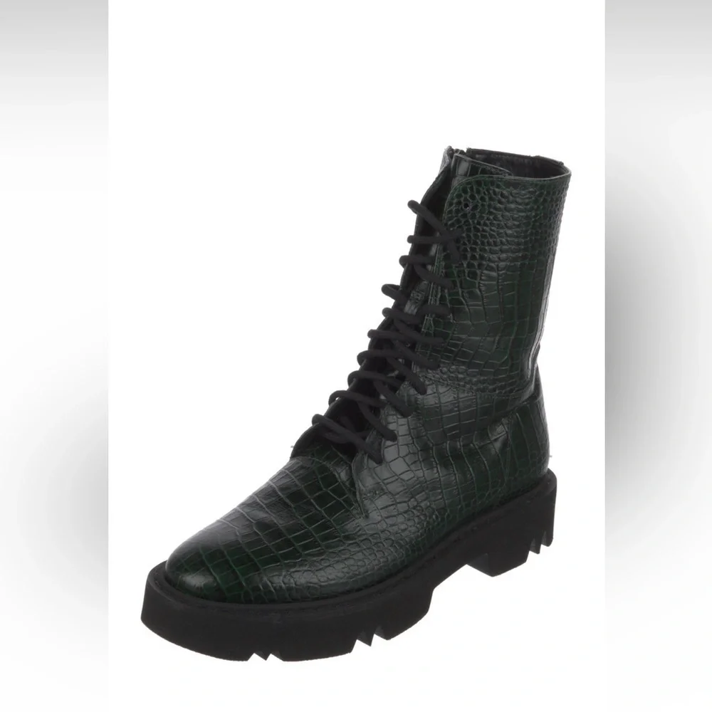 Aquatalia Green Embossed Leather Mid-Calf Combat Boots - Picture 2 of 4